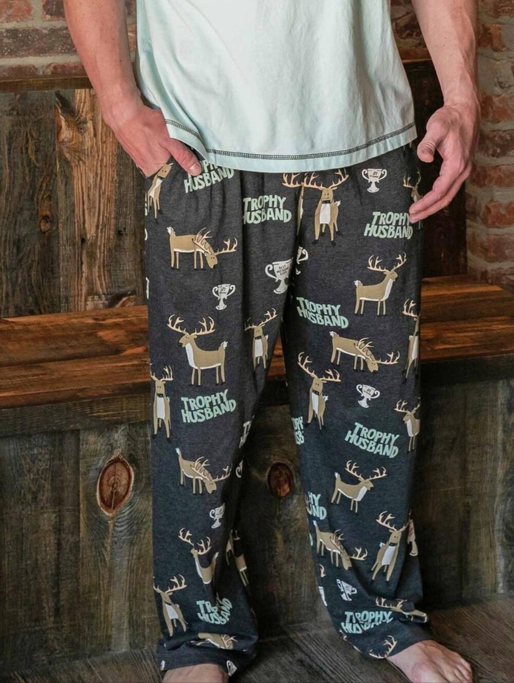 Lazy One Men’s Dark Gray ‘Trophy Husband’ Reindeer Print Lounge Pants Size L